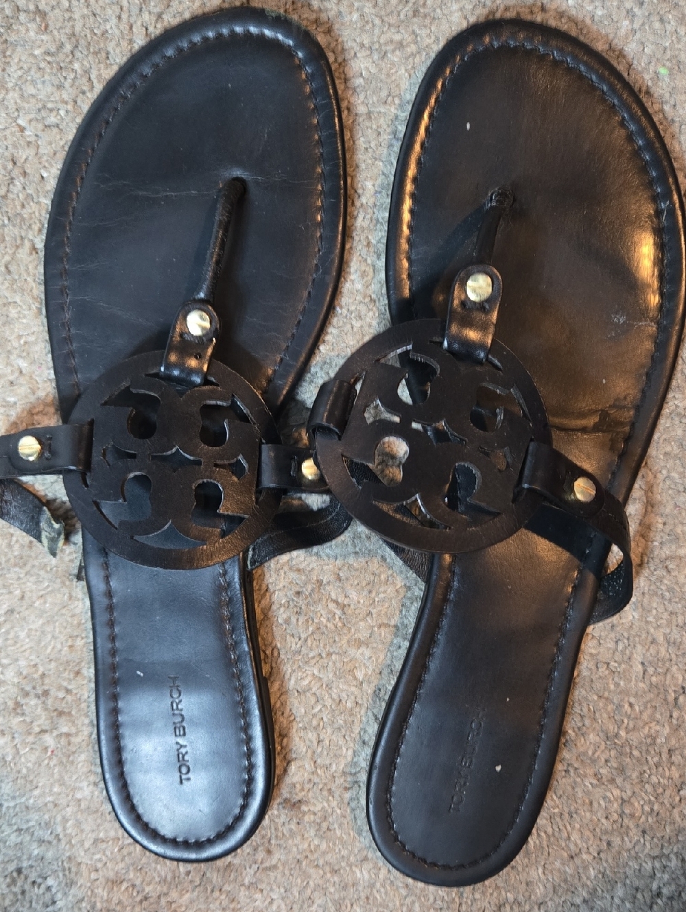 Tory Burch Black Leather Logo Cutout Thong Sandals